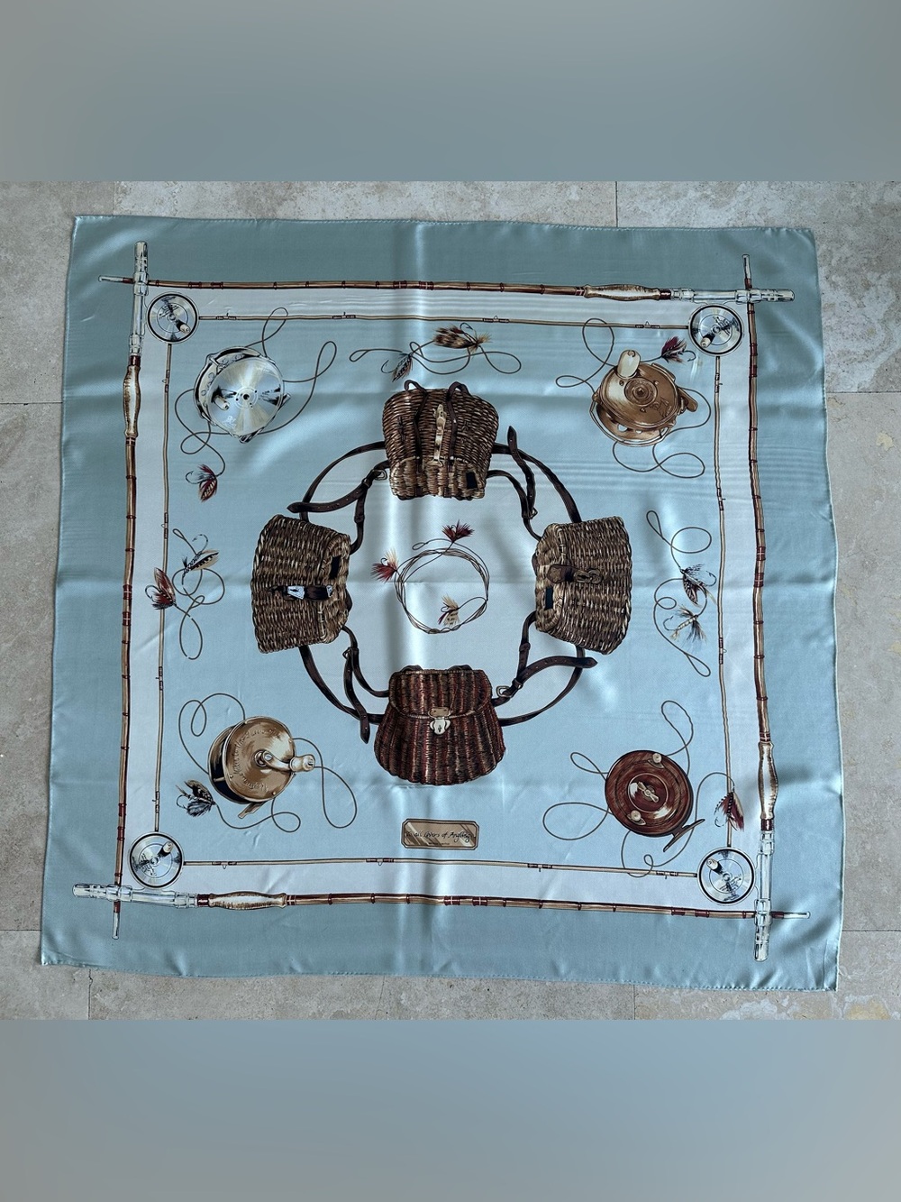 Wathne Light Blue 100% Silk Scarf with Brown Basket Motif